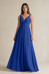 V - Neck Pleated A - Line Chiffon Bridesmaid Dress in Royal Blue - KISS BRIDAL Bridesmaid Dresses