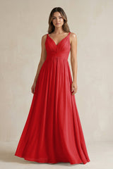 V - Neck Pleated A - Line Chiffon Bridesmaid Dress in Ruby Red - KISS BRIDAL Bridesmaid Dresses