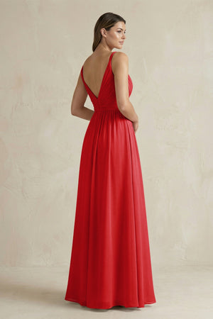 V - Neck Pleated A - Line Chiffon Bridesmaid Dress in Ruby Red - SHE IS ME Bridesmaid Dresses