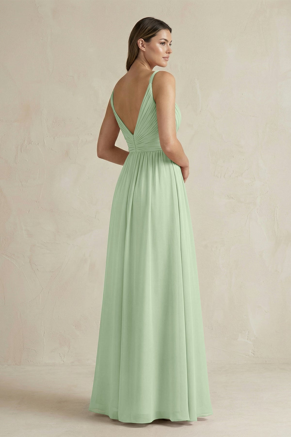 V - Neck Pleated A - Line Chiffon Bridesmaid Dress in Sage - KISS BRIDAL Bridesmaid Dresses