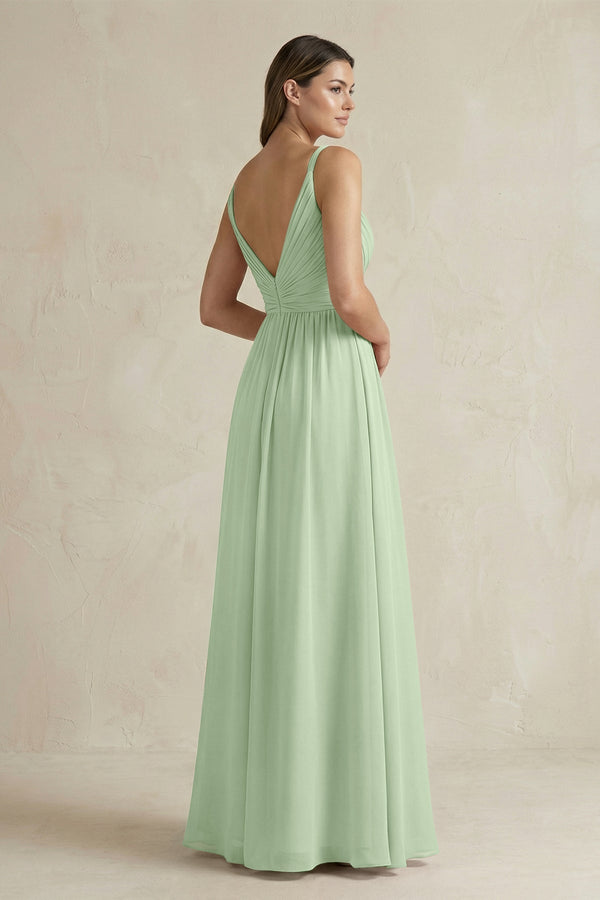 V - Neck Pleated A - Line Chiffon Bridesmaid Dress in Sage - SHE IS ME Bridesmaid Dresses