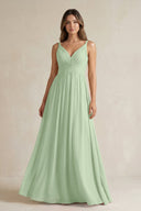 V - Neck Pleated A - Line Chiffon Bridesmaid Dress in Sage - SHE IS ME Bridesmaid Dresses