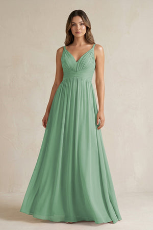 V - Neck Pleated A - Line Chiffon Bridesmaid Dress in Sea Glass - SHE IS ME Bridesmaid Dresses