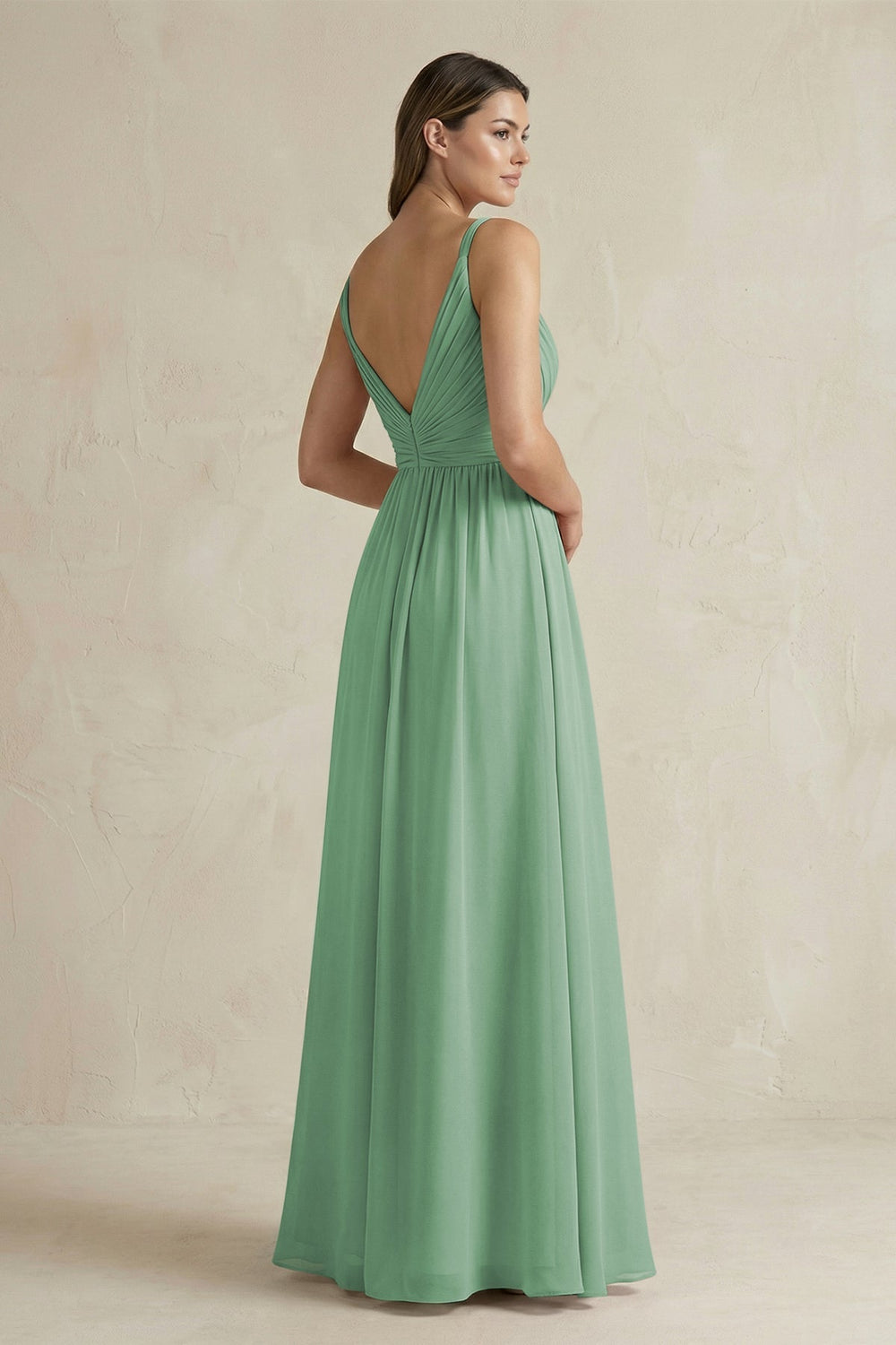 V - Neck Pleated A - Line Chiffon Bridesmaid Dress in Sea Glass - KISS BRIDAL Bridesmaid Dresses