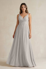 V - Neck Pleated A - Line Chiffon Bridesmaid Dress in Silver - KISS BRIDAL Bridesmaid Dresses