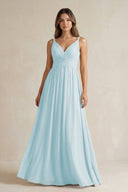 V - Neck Pleated A - Line Chiffon Bridesmaid Dress in Sky Blue - SHE IS ME Bridesmaid Dresses