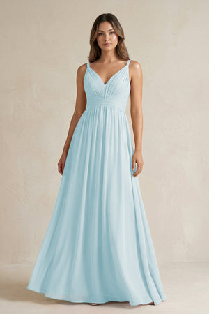 V - Neck Pleated A - Line Chiffon Bridesmaid Dress in Sky Blue - SHE IS ME Bridesmaid Dresses