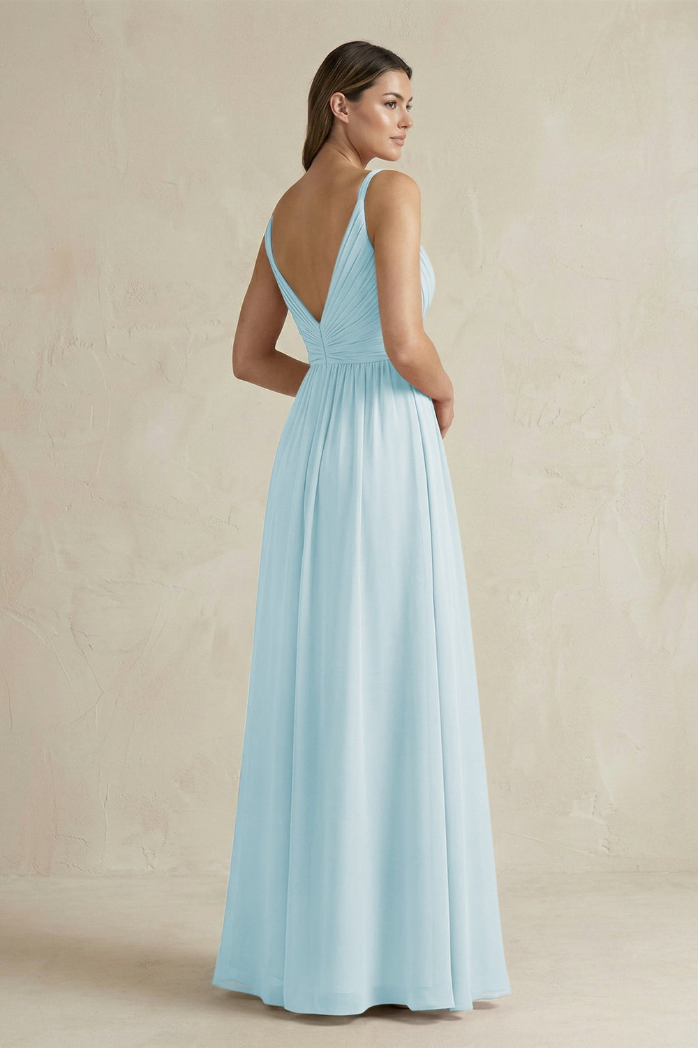 V - Neck Pleated A - Line Chiffon Bridesmaid Dress in Sky Blue - KISS BRIDAL Bridesmaid Dresses