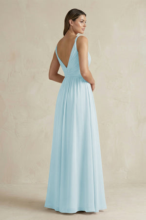 V - Neck Pleated A - Line Chiffon Bridesmaid Dress in Sky Blue - SHE IS ME Bridesmaid Dresses