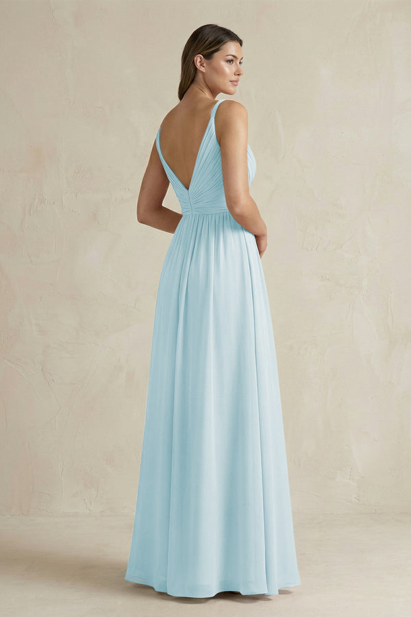 V - Neck Pleated A - Line Chiffon Bridesmaid Dress in Sky Blue - SHE IS ME Bridesmaid Dresses