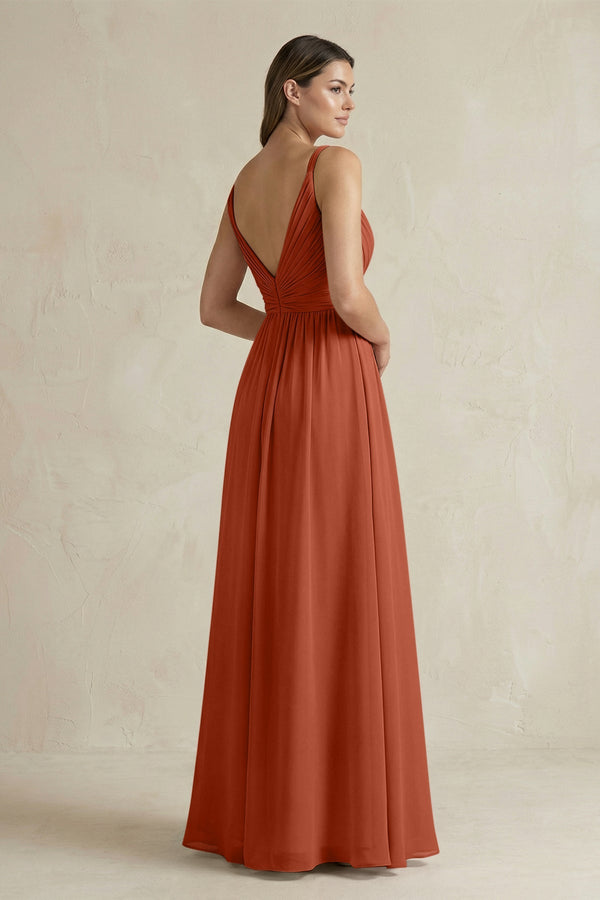 V - Neck Pleated A - Line Chiffon Bridesmaid Dress in Spice - SHE IS ME Bridesmaid Dresses