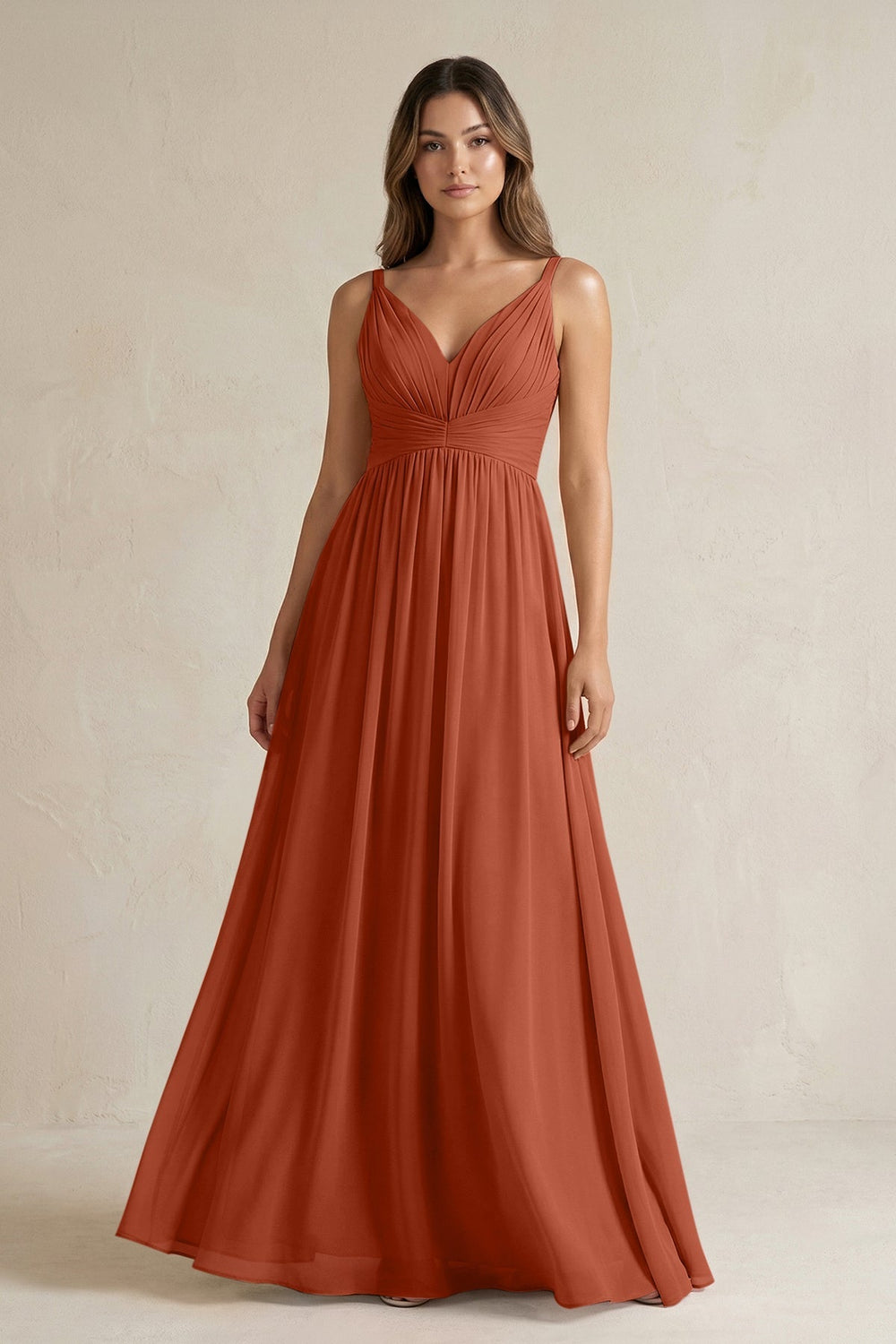 V - Neck Pleated A - Line Chiffon Bridesmaid Dress in Spice - KISS BRIDAL Bridesmaid Dresses