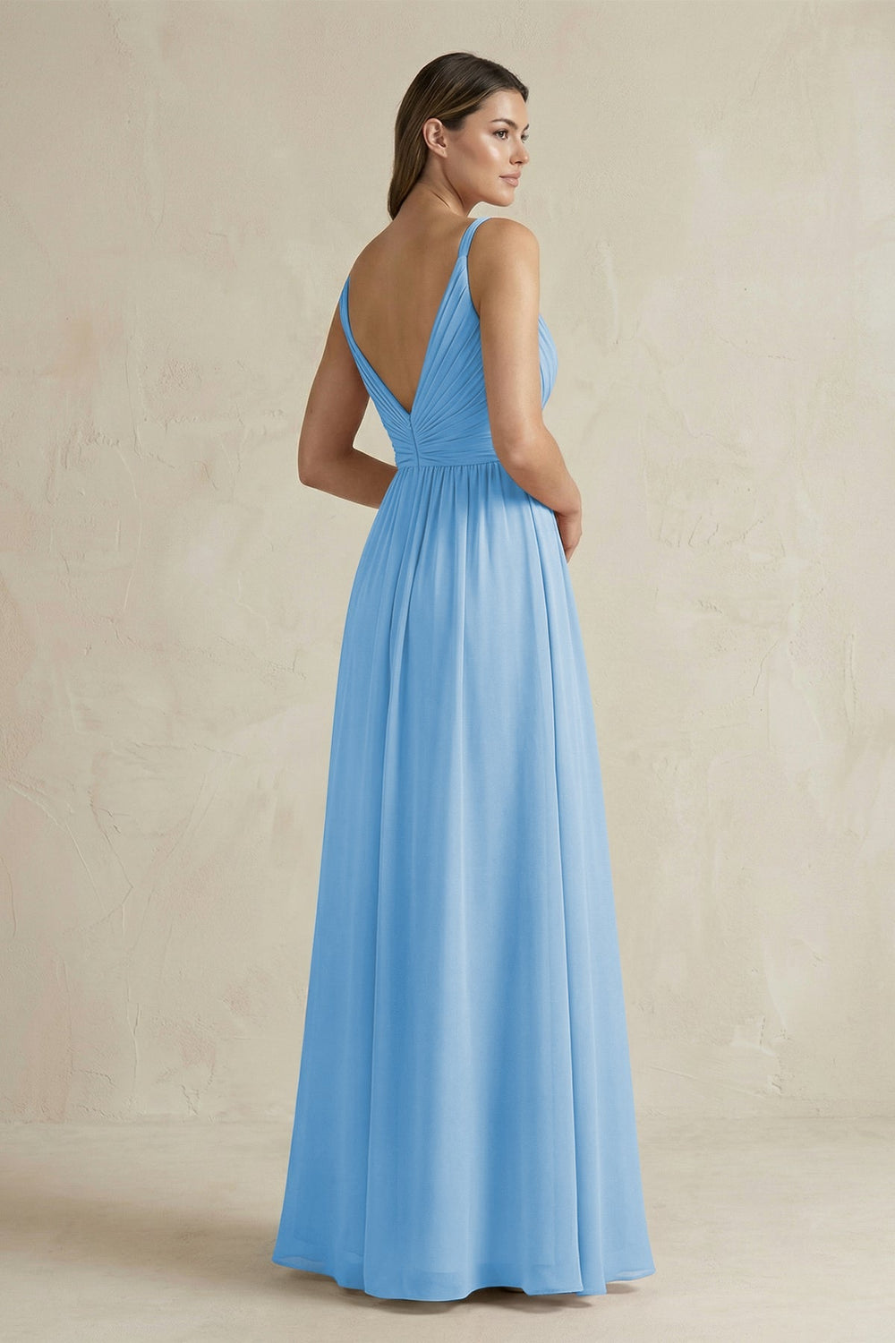 V - Neck Pleated A - Line Chiffon Bridesmaid Dress in Steel Blue - KISS BRIDAL Bridesmaid Dresses