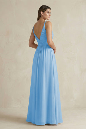 V - Neck Pleated A - Line Chiffon Bridesmaid Dress in Steel Blue - SHE IS ME Bridesmaid Dresses