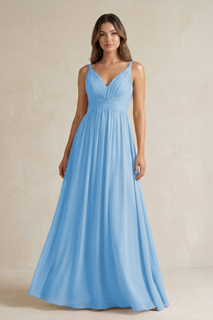 V - Neck Pleated A - Line Chiffon Bridesmaid Dress in Steel Blue - SHE IS ME Bridesmaid Dresses