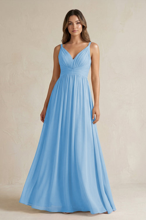 V - Neck Pleated A - Line Chiffon Bridesmaid Dress in Steel Blue - SHE IS ME Bridesmaid Dresses