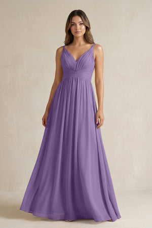 V - Neck Pleated A - Line Chiffon Bridesmaid Dress in Tahiti - SHE IS ME Bridesmaid Dresses