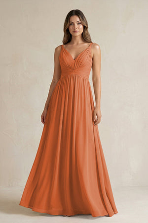 V - Neck Pleated A - Line Chiffon Bridesmaid Dress in Terracotta - SHE IS ME Bridesmaid Dresses
