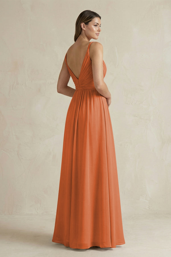 V - Neck Pleated A - Line Chiffon Bridesmaid Dress in Terracotta - SHE IS ME Bridesmaid Dresses