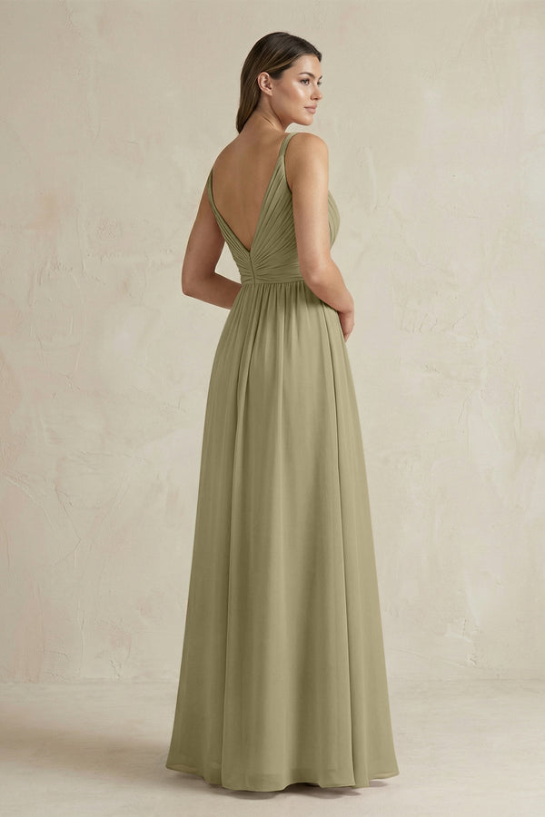 V - Neck Pleated A - Line Chiffon Bridesmaid Dress in Thyme - SHE IS ME Bridesmaid Dresses