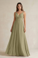 V - Neck Pleated A - Line Chiffon Bridesmaid Dress in Thyme - SHE IS ME Bridesmaid Dresses