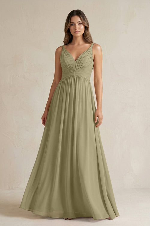 V - Neck Pleated A - Line Chiffon Bridesmaid Dress in Thyme - SHE IS ME Bridesmaid Dresses