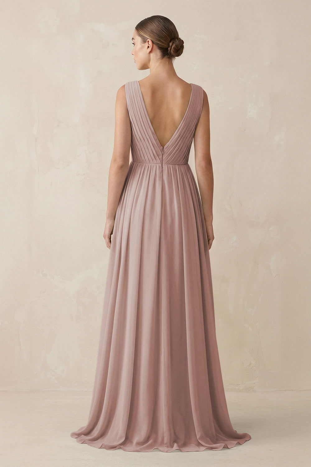 V-Neck Pleated A-Line Chiffon Bridesmaid Dress in Toffee
