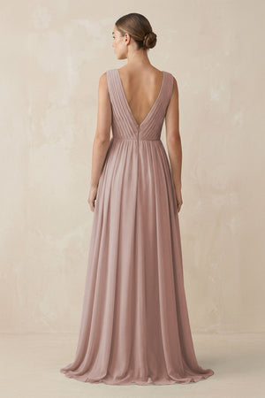 V-Neck Pleated A-Line Chiffon Bridesmaid Dress in Toffee (2) | KISSBRIDAL