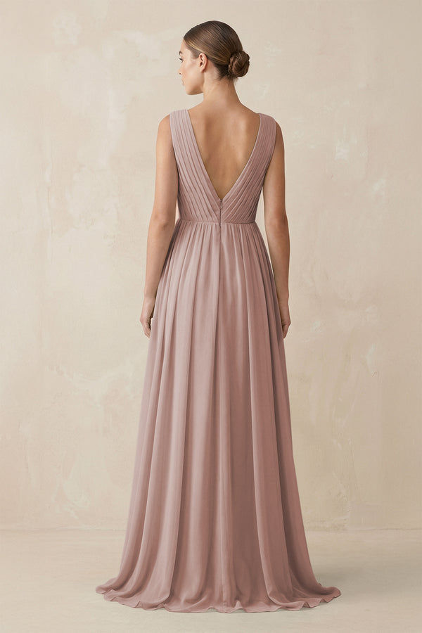 V-Neck Pleated A-Line Chiffon Bridesmaid Dress in Toffee (2) | KISSBRIDAL