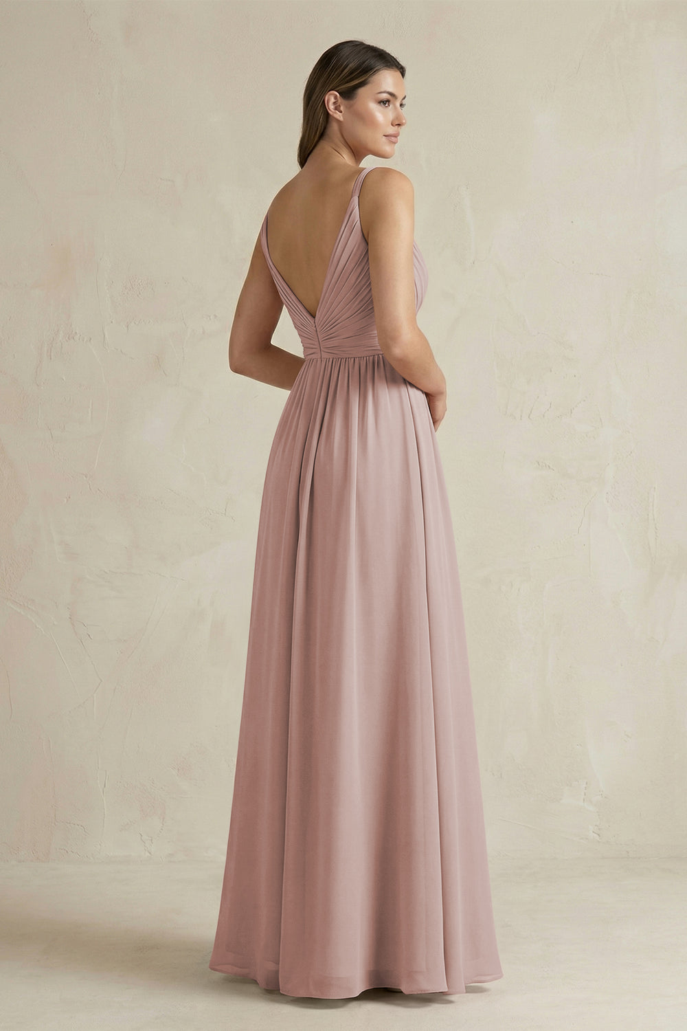 V-Neck Pleated A-Line Chiffon Bridesmaid Dress in Toffee