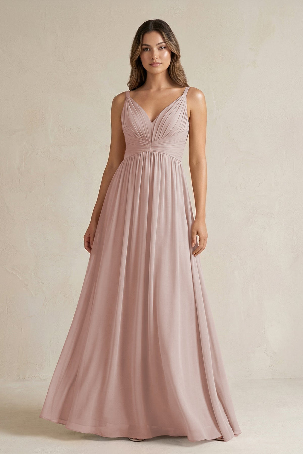 V - Neck Pleated A - Line Chiffon Bridesmaid Dress in Toffee - KISS BRIDAL Bridesmaid Dresses