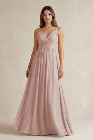 V - Neck Pleated A - Line Chiffon Bridesmaid Dress in Toffee - SHE IS ME Bridesmaid Dresses