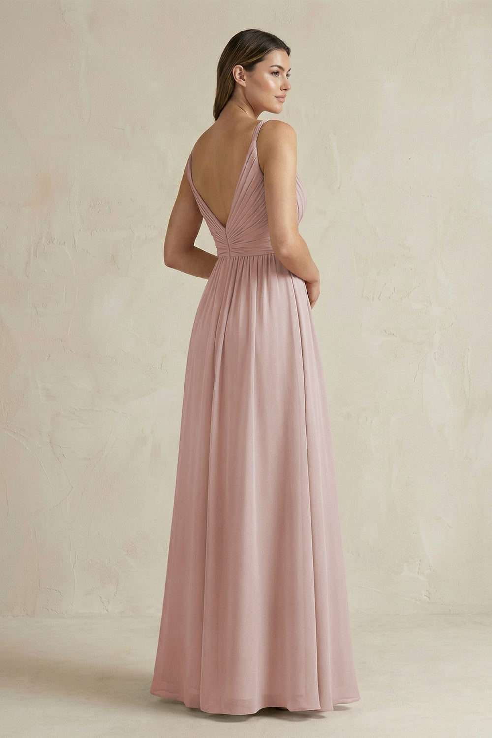 V - Neck Pleated A - Line Chiffon Bridesmaid Dress in Toffee - KISS BRIDAL Bridesmaid Dresses