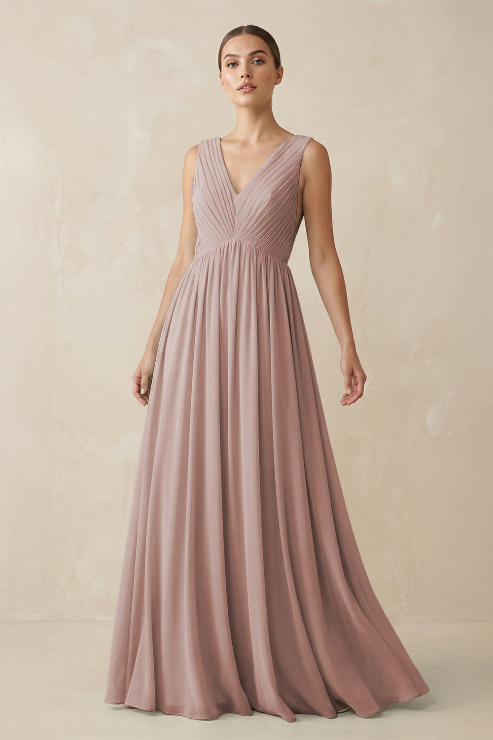 V-Neck Pleated A-Line Chiffon Bridesmaid Dress in Toffee