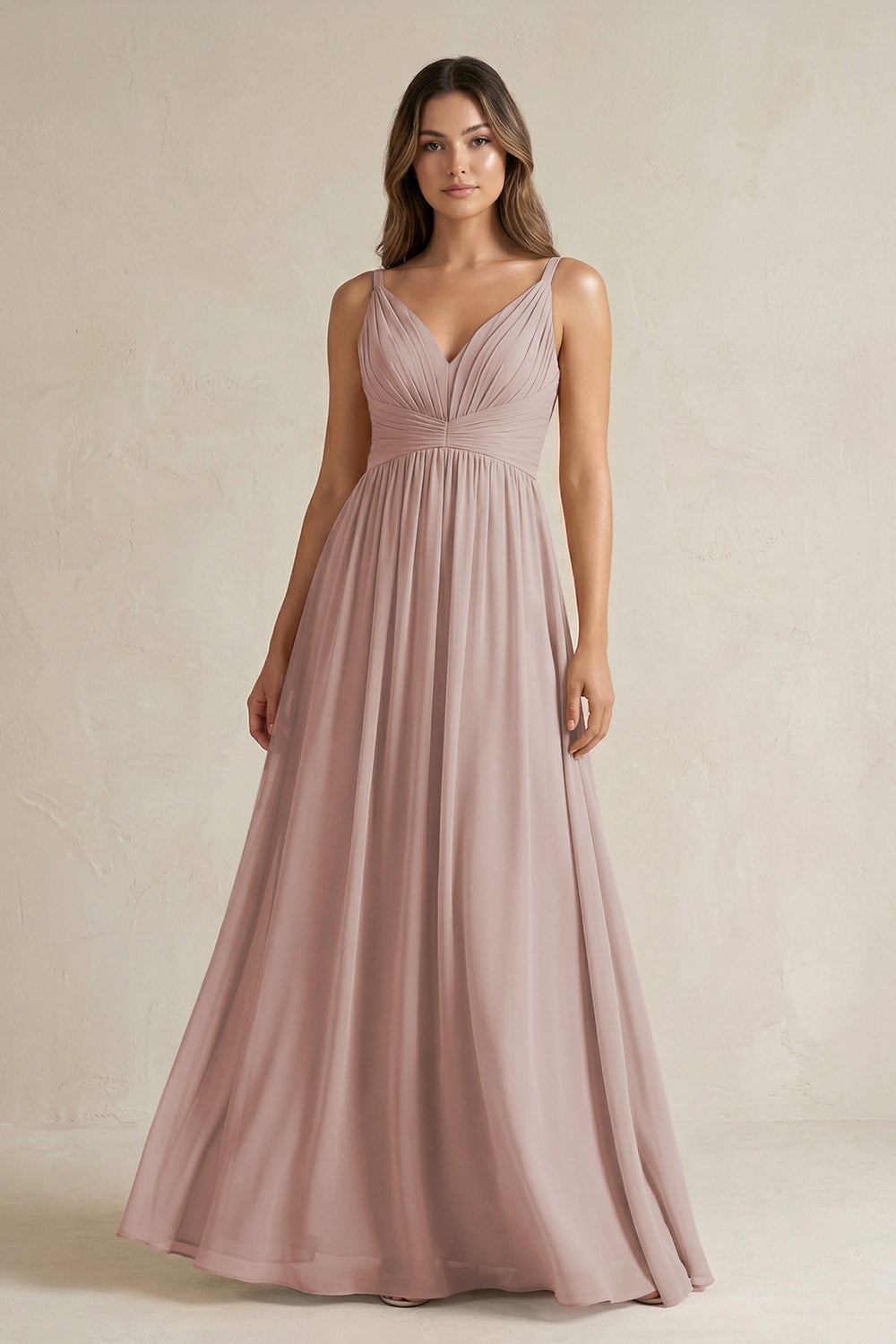 V-Neck Pleated A-Line Chiffon Bridesmaid Dress in Toffee