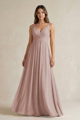 V-Neck Pleated A-Line Chiffon Bridesmaid Dress in Toffee | KISSBRIDAL