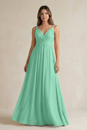 V - Neck Pleated A - Line Chiffon Bridesmaid Dress in Turquoise - SHE IS ME Bridesmaid Dresses