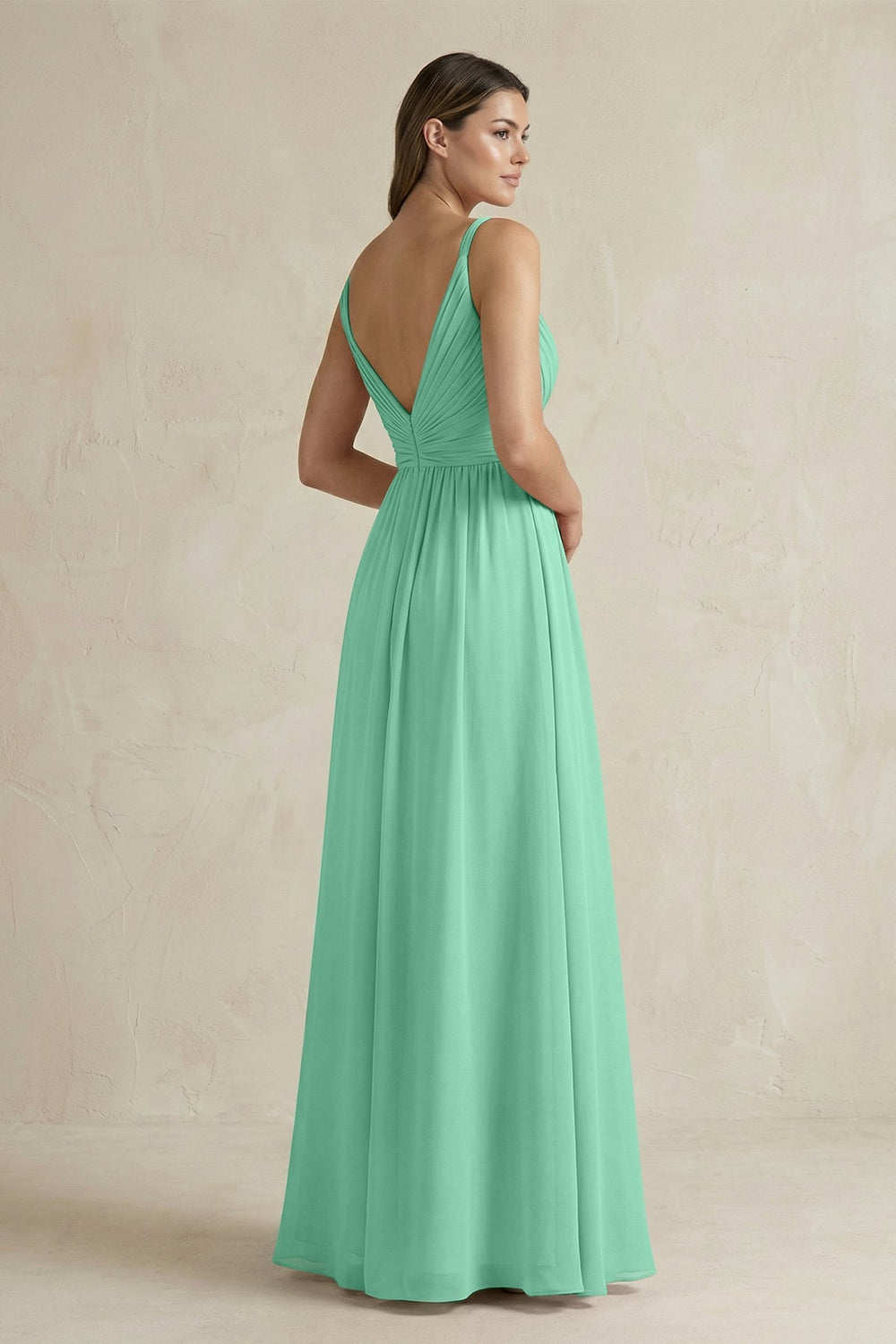 V - Neck Pleated A - Line Chiffon Bridesmaid Dress in Turquoise - KISS BRIDAL Bridesmaid Dresses