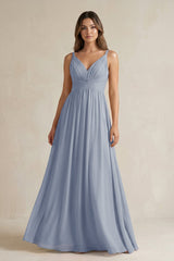 V - Neck Pleated A - Line Chiffon Bridesmaid Dress in Twilight - KISS BRIDAL Bridesmaid Dresses