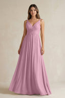 V - Neck Pleated A - Line Chiffon Bridesmaid Dress in Vintage Mauve - SHE IS ME Bridesmaid Dresses