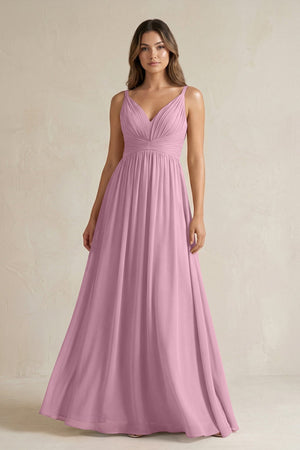 V - Neck Pleated A - Line Chiffon Bridesmaid Dress in Vintage Mauve - SHE IS ME Bridesmaid Dresses