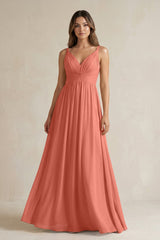 V - Neck Pleated A - Line Chiffon Bridesmaid Dress in Wild Rose - KISS BRIDAL Bridesmaid Dresses
