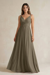 V - Neck Pleated A - Line Chiffon Bridesmaid Dress in Willow Green - KISS BRIDAL Bridesmaid Dresses