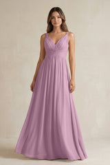 V - Neck Pleated A - Line Chiffon Bridesmaid Dress in Wisteria - KISS BRIDAL Bridesmaid Dresses