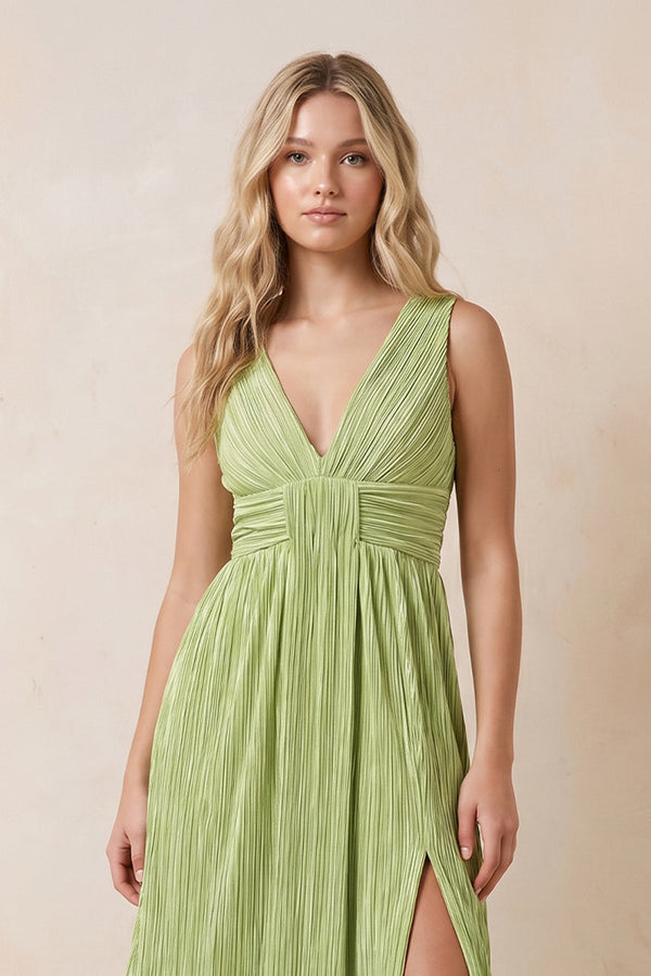V-Neck Pleated Chiffon Maxi Dress with Slit in Matcha – SHE IS ME Dresses