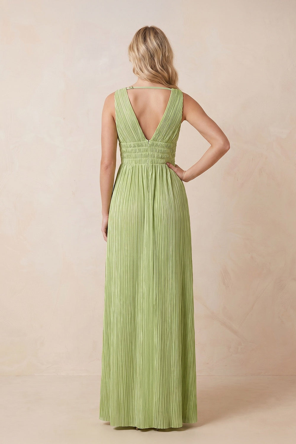 V-Neck Pleated Chiffon Maxi Dress with Slit in Matcha – KISS BRIDAL Dresses
