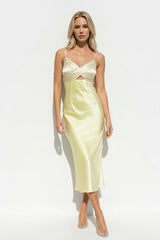 V Neck Pleated Midi Dress With Cutout in Yellow - KISSBRIDAL