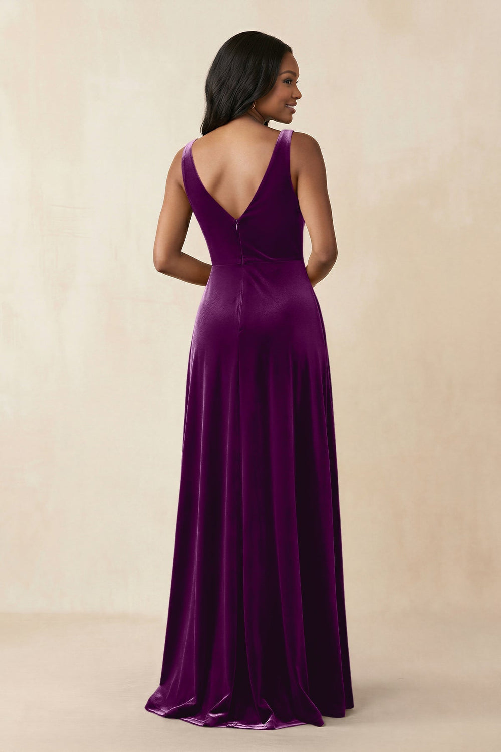 V - Neck Ruched A - Line Velvet Bridesmaid Dress in Amethyst - KISS BRIDAL Bridesmaid Dresses