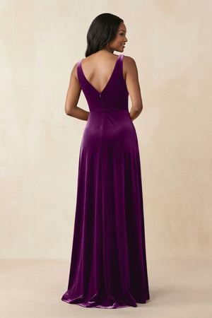 V - Neck Ruched A - Line Velvet Bridesmaid Dress in Amethyst - KISS BRIDAL Bridesmaid Dresses