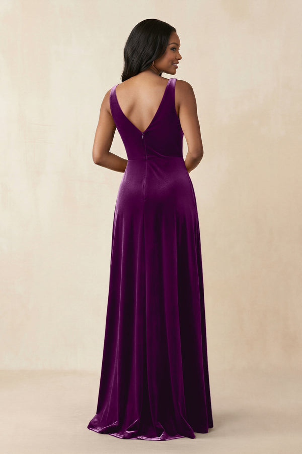 V - Neck Ruched A - Line Velvet Bridesmaid Dress in Amethyst - KISS BRIDAL Bridesmaid Dresses